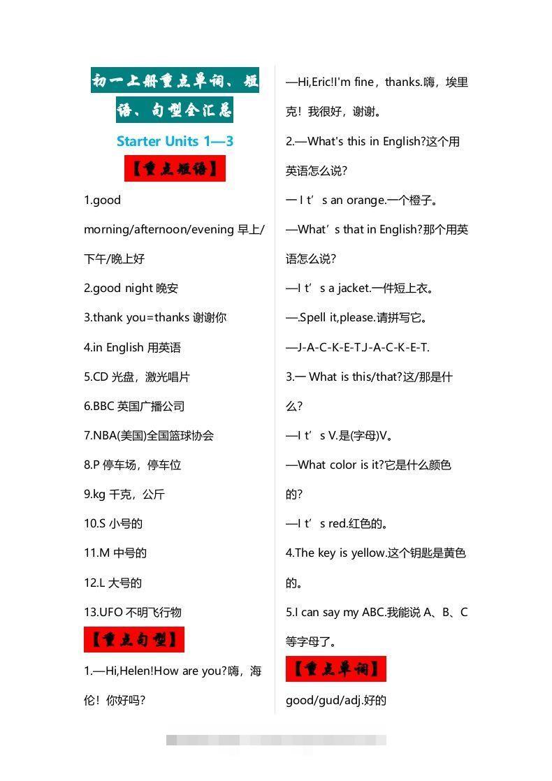 七年级上册：英语重点单词、短语、句型全汇总-搞钱花