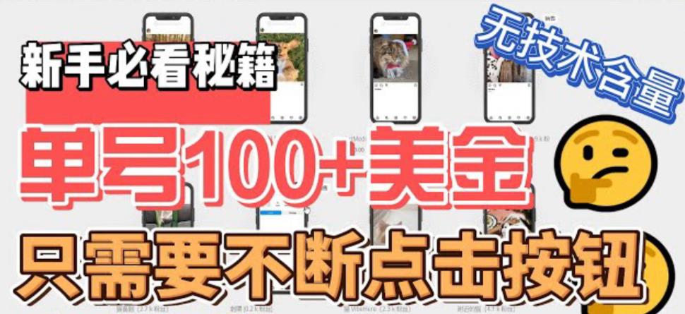 最新无脑只需不断点击按钮，单号100美金暴利项目，可批量操作-搞钱花