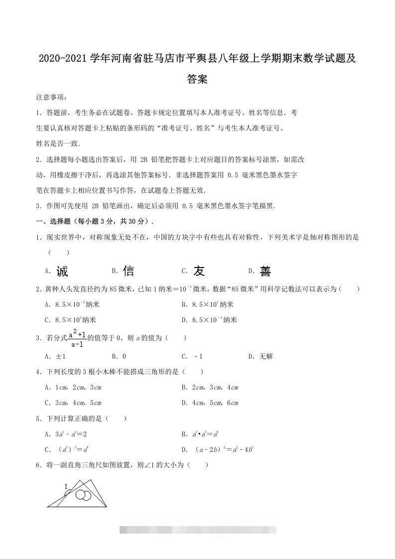 2020-2021学年河南省驻马店市平舆县八年级上学期期末数学试题及答案(Word版)-搞钱花