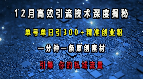 最新高效引流技术深度揭秘 ，单号单日引300+精准创业粉，一分钟一条原创素材，引爆你的私域流量-搞钱花