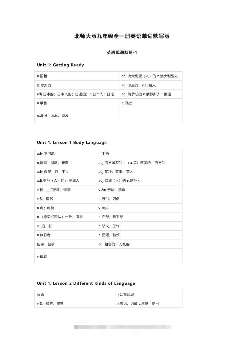 北师大版九年级上册英语单词默写表-搞钱花