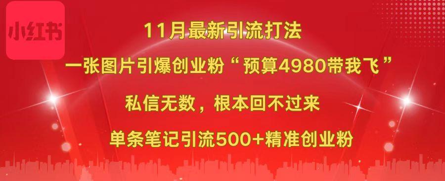小红书11月最新图片打法,一张图片引爆创业粉“预算4980带我飞”,私信无数,根本回不过来,单条笔记引流500+精准创业粉-搞钱花