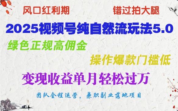 2025视频号纯自然流玩法5.0，绿色正规高佣金，操作爆款门槛低，变现收益单月轻松过万-搞钱花