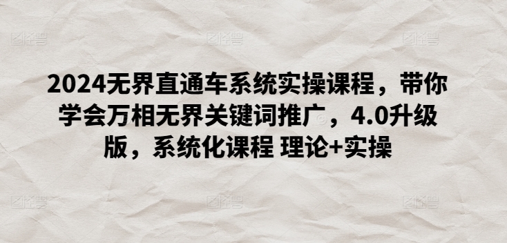 2024无界直通车系统实操课程，带你学会万相无界关键词推广，4.0升级版，系统化课程 理论+实操-搞钱花