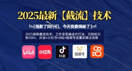 2025最新截流技术，工作室实操迭代打法，日轻松引粉300+，抖音+小红书+B站+视频号流量实操全流程-搞钱花