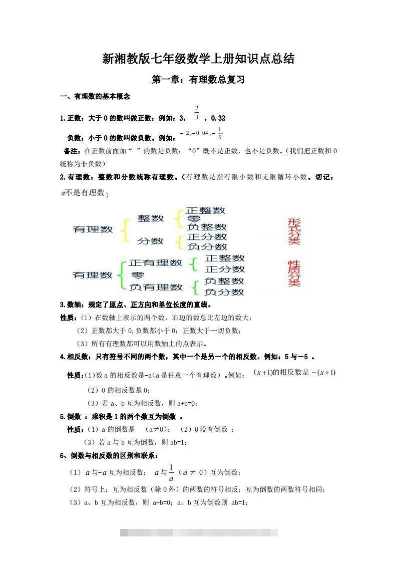 湘教版数学七年级上册知识点汇总-搞钱花