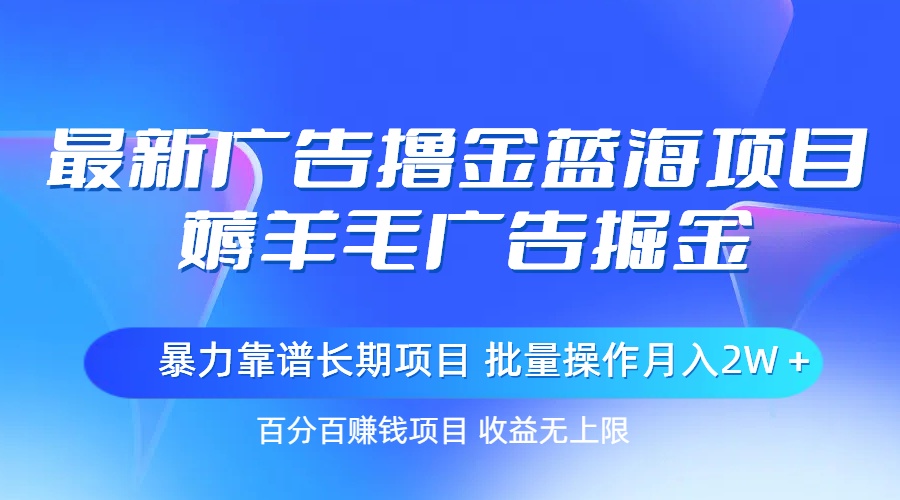 最新广告撸金蓝海项目，薅羊毛广告掘金 长期项目 批量操作月入2W＋-搞钱花