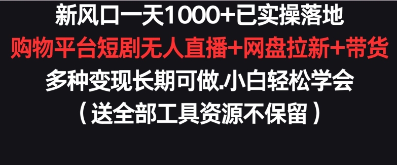 新风口一天1000+已实操落地购物平台短剧无人直播+网盘拉新+带货多种变现长期可做-搞钱花