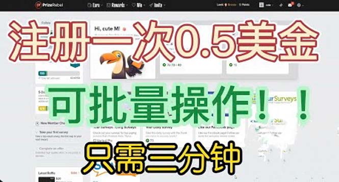 国外项目注册一次0.5美金 只需三分钟无脑操作 可批量放大 小白工作室福利-搞钱花