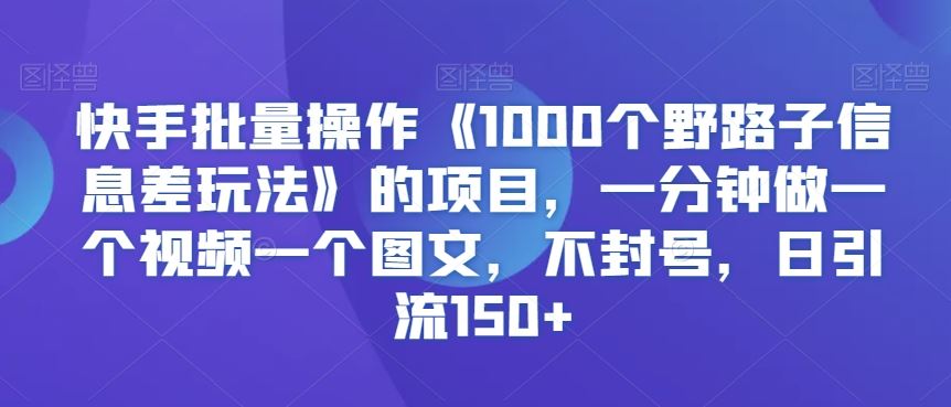 快手批量操作《1000个野路子信息差玩法》的项目，一分钟做一个视频一个图文，不封号，日引流150+【揭秘】-搞钱花