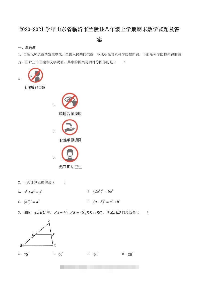 2020-2021学年山东省临沂市兰陵县八年级上学期期末数学试题及答案(Word版)-搞钱花