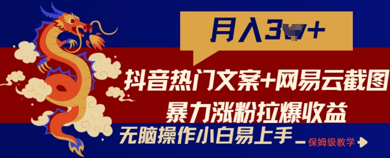 抖音热门文案+网易云截图暴力涨粉拉爆收益玩法，小白无脑操作，简单易上手-搞钱花