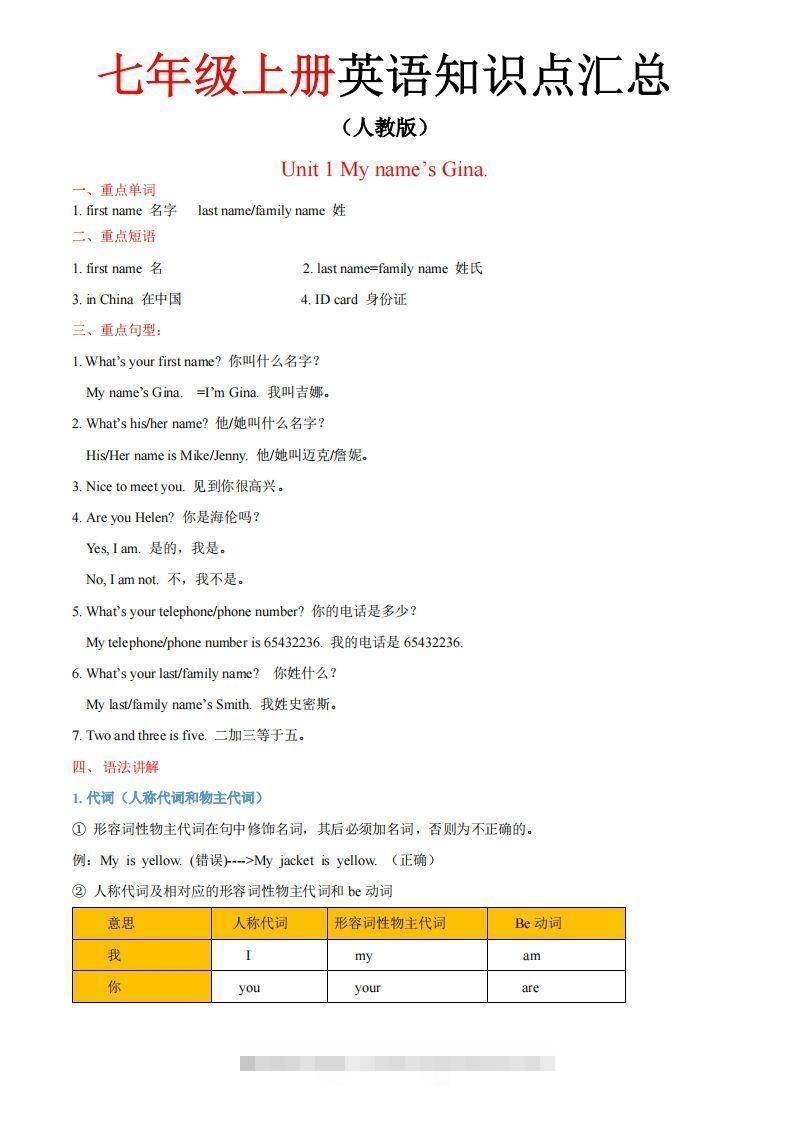 人教版七年级上册英语知识点汇总（一册全）-搞钱花