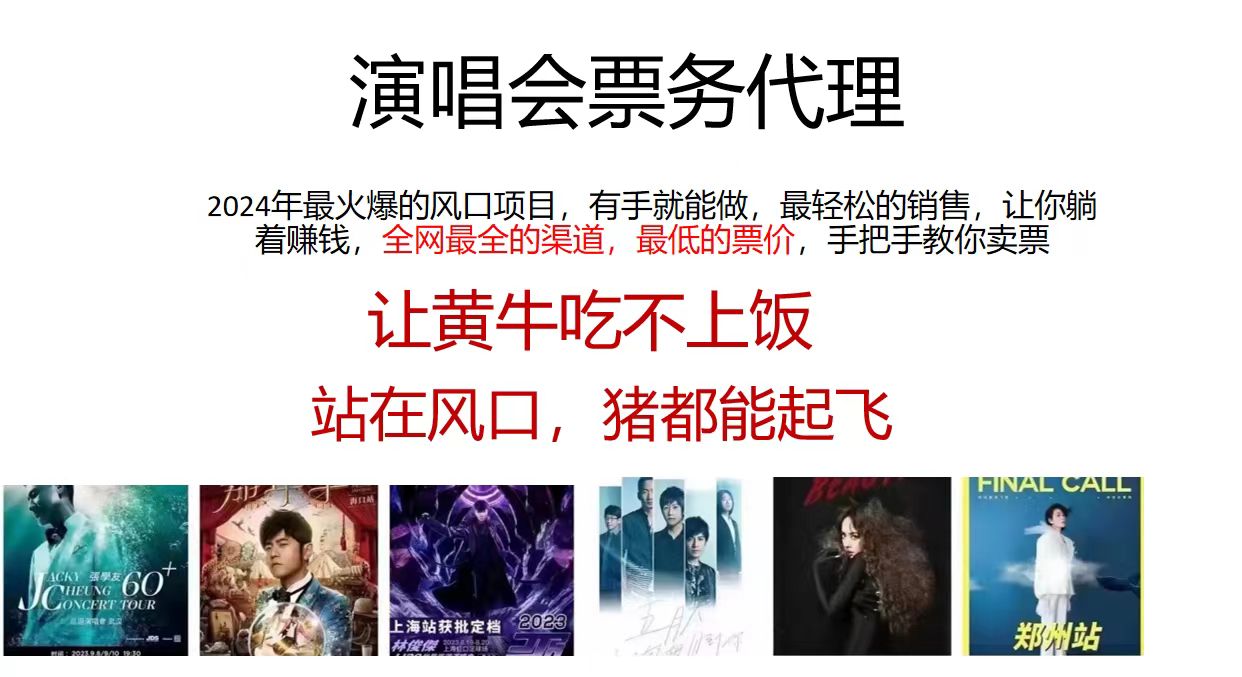 演唱会票务代理，2024年最火爆风口项目，全网最低的票价，小白一分钟上手日入2000+-搞钱花