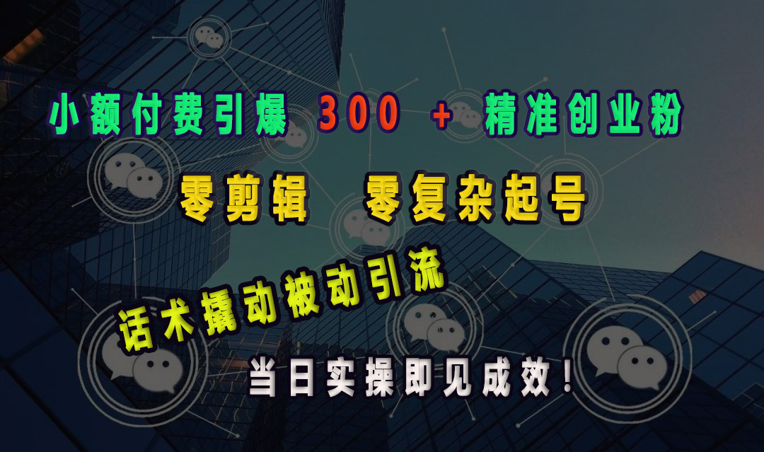小额付费引爆 300 + 精准创业粉，零剪辑、零复杂起号，话术撬动被动引流，当日实操即见成效！-搞钱花