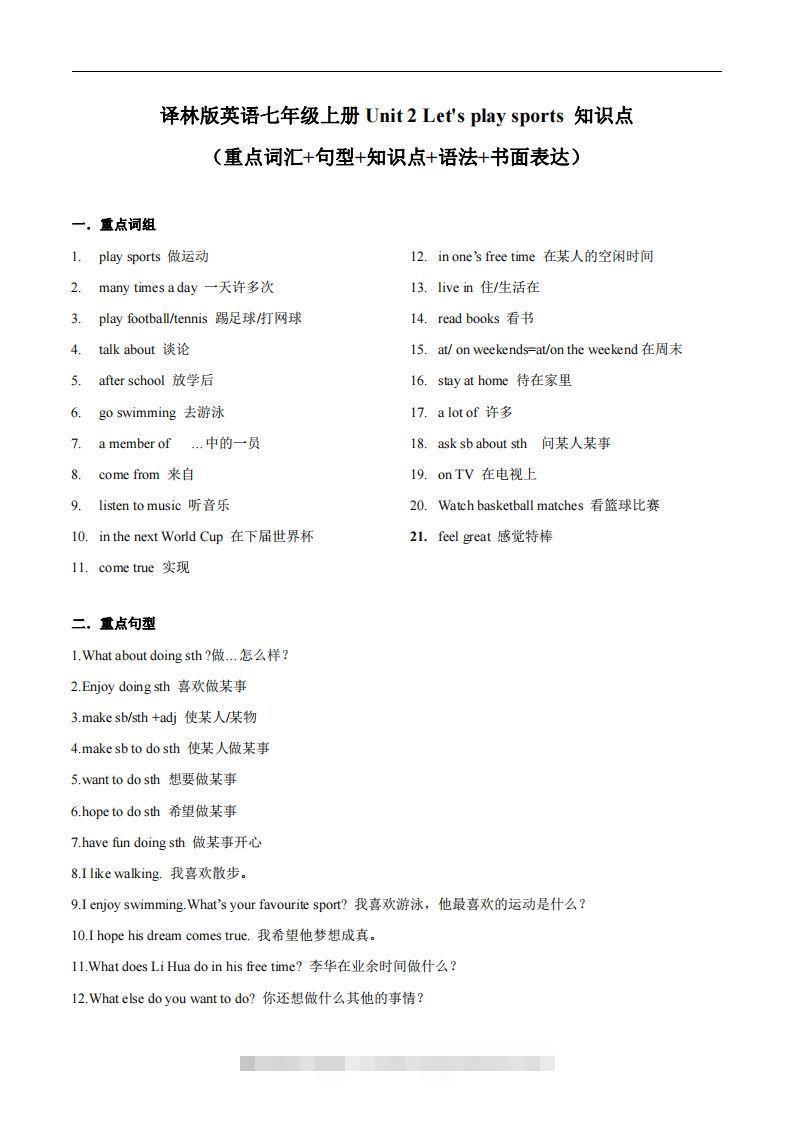译林版英语七年级上册Unit2Let’splaysports知识点_-搞钱花
