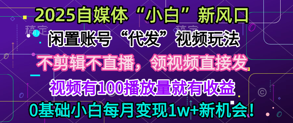 2025每月躺赚5w+新机会，闲置视频账号一键代发玩法，0粉不实名不剪辑，领了视频直接发，0基础小白也能日入300+-搞钱花
