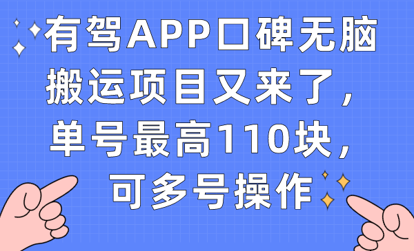 有驾APP口碑无脑搬运项目又来了,单号最高110块,可多号操作-搞钱花