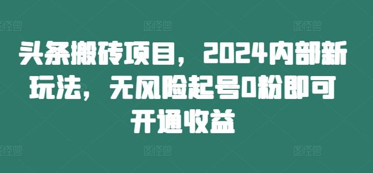 头条搬砖项目，2024内部新玩法，无风险起号0粉即可开通收益-搞钱花