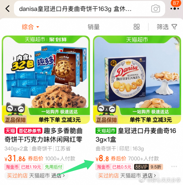 猫超 部分账号标题下有2元福袋 从淘宝首页-淘金币 搜索宝贝标题拍 danisa皇冠进口丹麦曲奇饼干163g-搞钱花