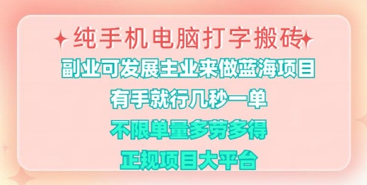 纯手机电脑打字搬砖，有手就行，几秒一单，多劳多得，正规项目大平台【揭秘】-搞钱花