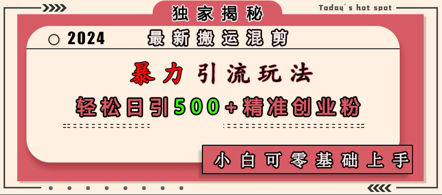 最新搬运混剪暴力引流玩法，轻松日引500+精准创业粉，小白可零基础上手-搞钱花