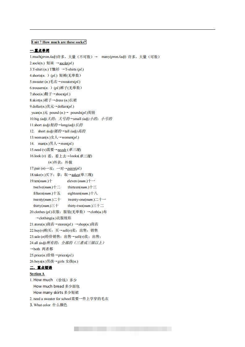 7.人教版七年级上英语Unit7复习提纲-搞钱花